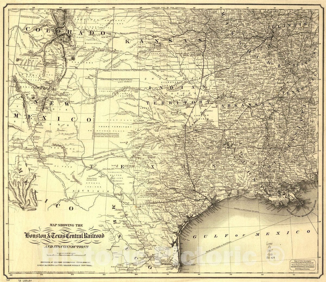 Historic 1867 Map - Map Showing The Houston & Texas Central Railroad and its Connections, Prepared at Colton's Geographic Establishment, N.Y, 1867.