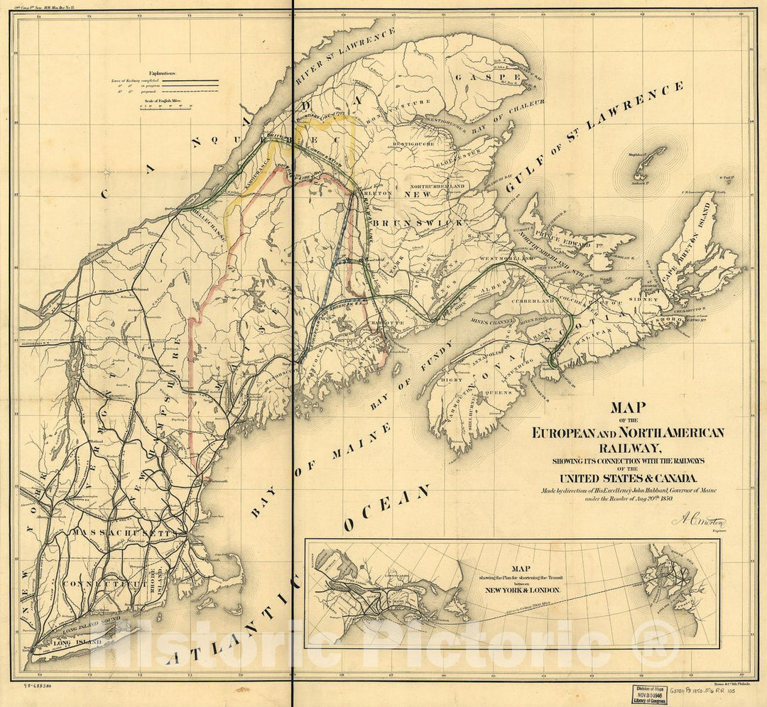 Historic 1850 Map - Map of The European and North American Railway, Showing its Connection with The Railways of The United States & Canada; Made by Direction of His Excellency John Hubbard