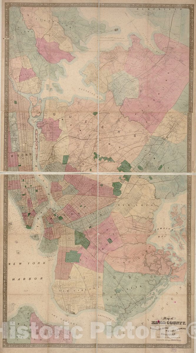 Historic 1872 Map - Map of Kings County : with Parts of Westchester, Queens, New York & Richmond : Showing Farm Lines, soundings, c.