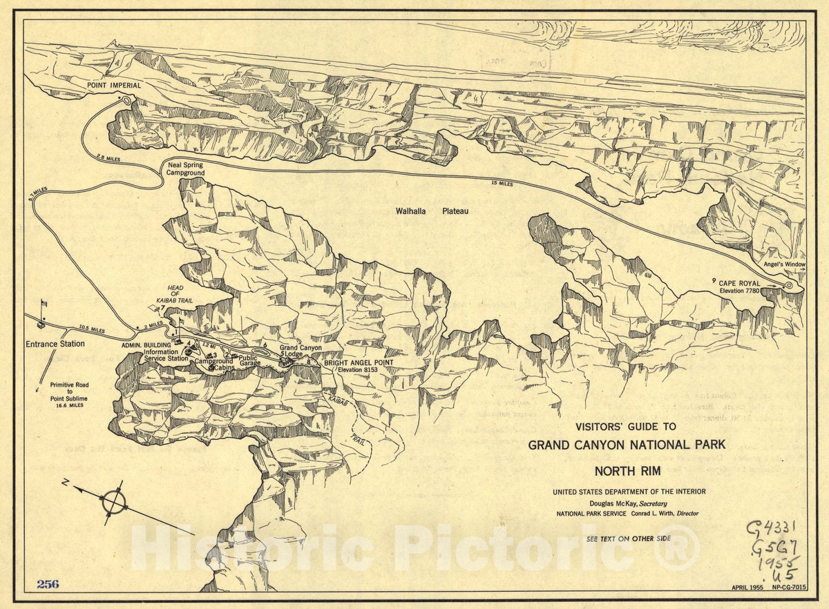 Historic 1955 Map - Visitors' Guide to Grand Canyon National Park, North Rim.