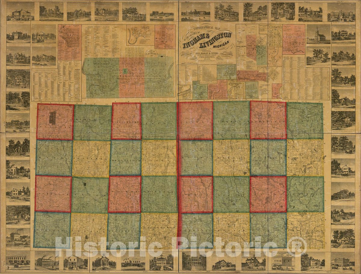 Historic 1859 Map - Topographic map of The Counties of Ingham & Livingston, Michigan