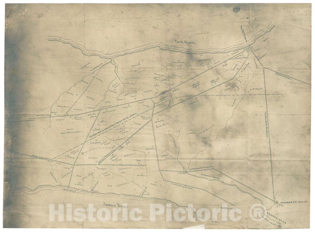 Historic 1863 Map - Map of The Country Between The York and James Rivers in 1862 and 1863 : Showing The Names of The Owners of The divisions of Land at That time.