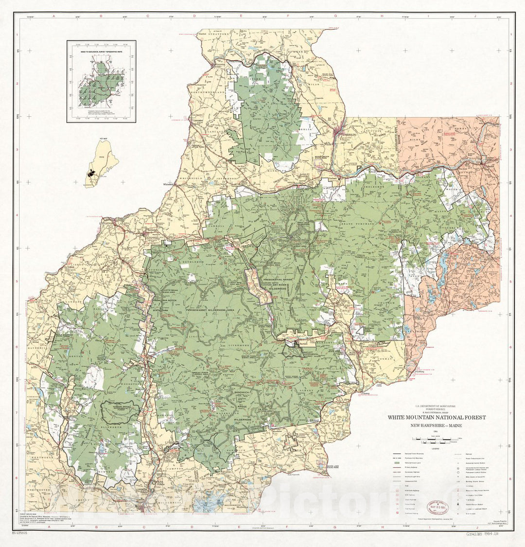 Historic 1984 Map - White Mountain National Forest, New Hampshire-Maine