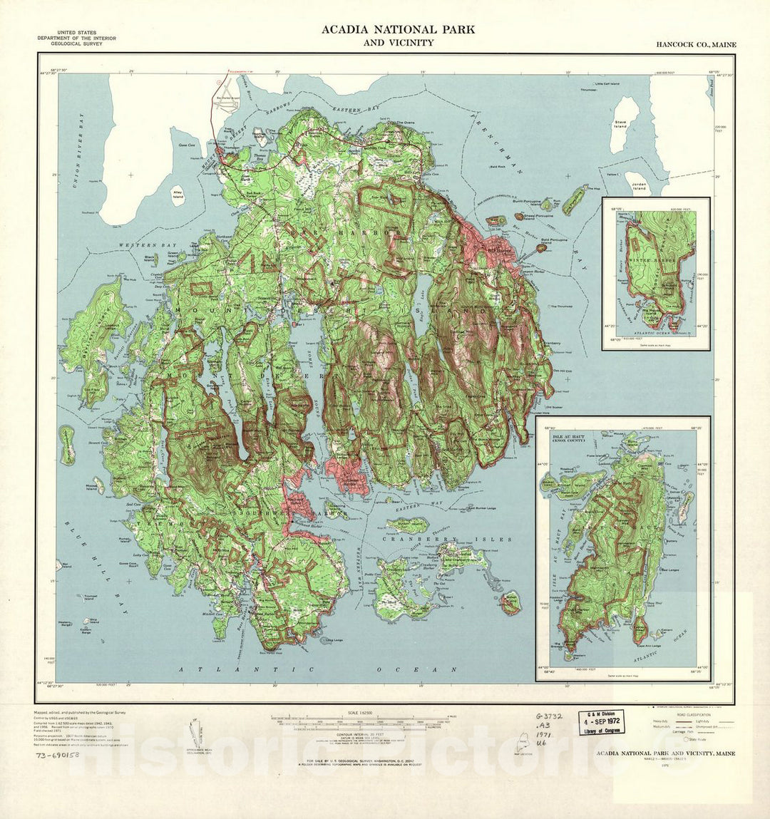 Historic 1972 Map - Acadia National Park and Vicinity, Hancock Co, Maine.