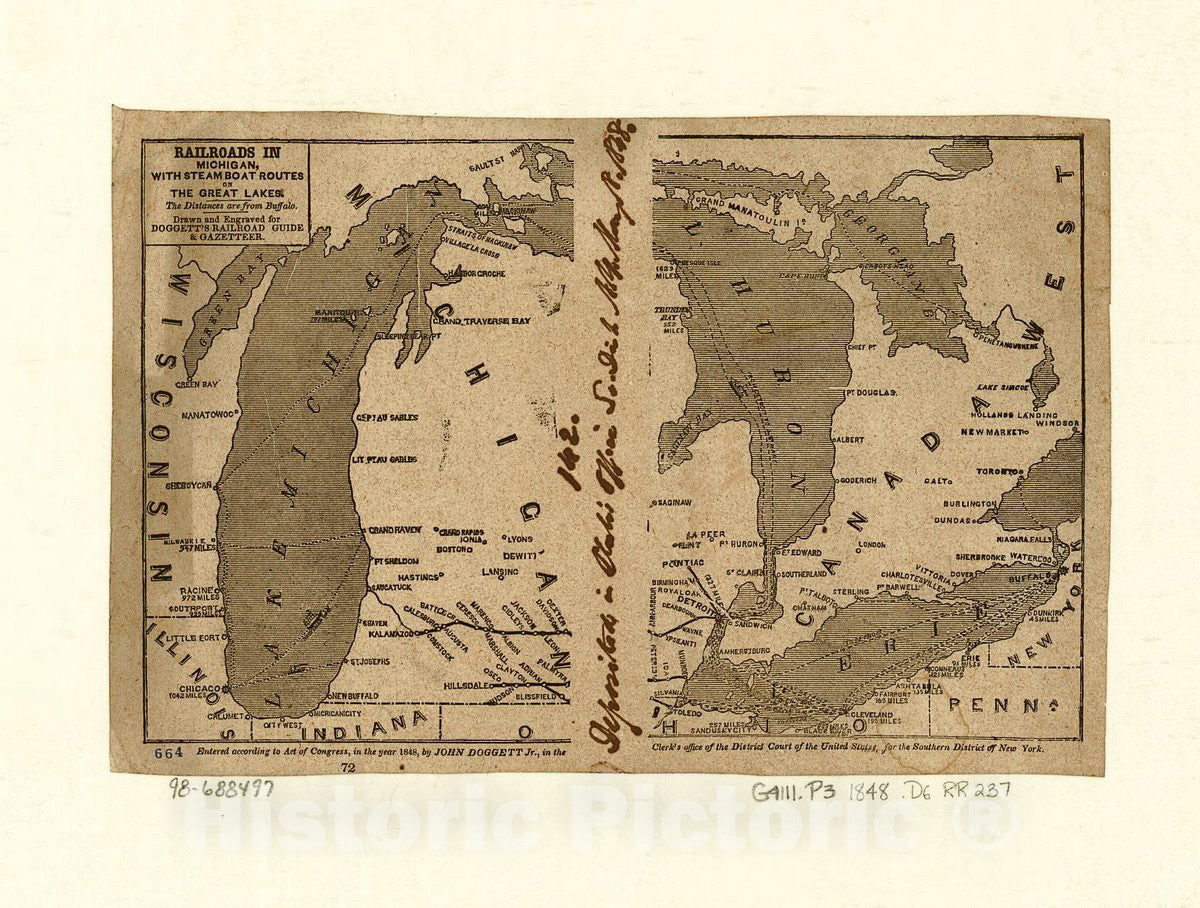 Historic 1848 Map - Railroads in Michigan, with Steamboat Routes on The Great Lakes. Drawn and Engraved for Doggett's Railroad Guide & Gazetteer.