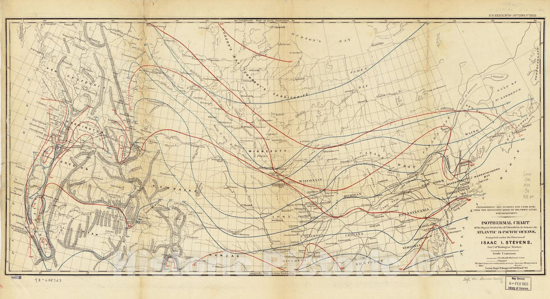 Historic 1859 Map - Isothermal Chart of The Region North of The 36th Parallel Between The Atlantic & Pacific Oceans; compiled Under The Direction of Isaac I. Stevens