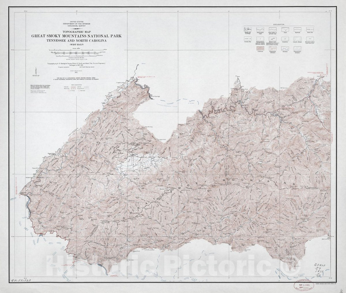 Historic 1978 Map - Topographic map, Great Smoky Mountains National Park, Tennessee and North Carolina