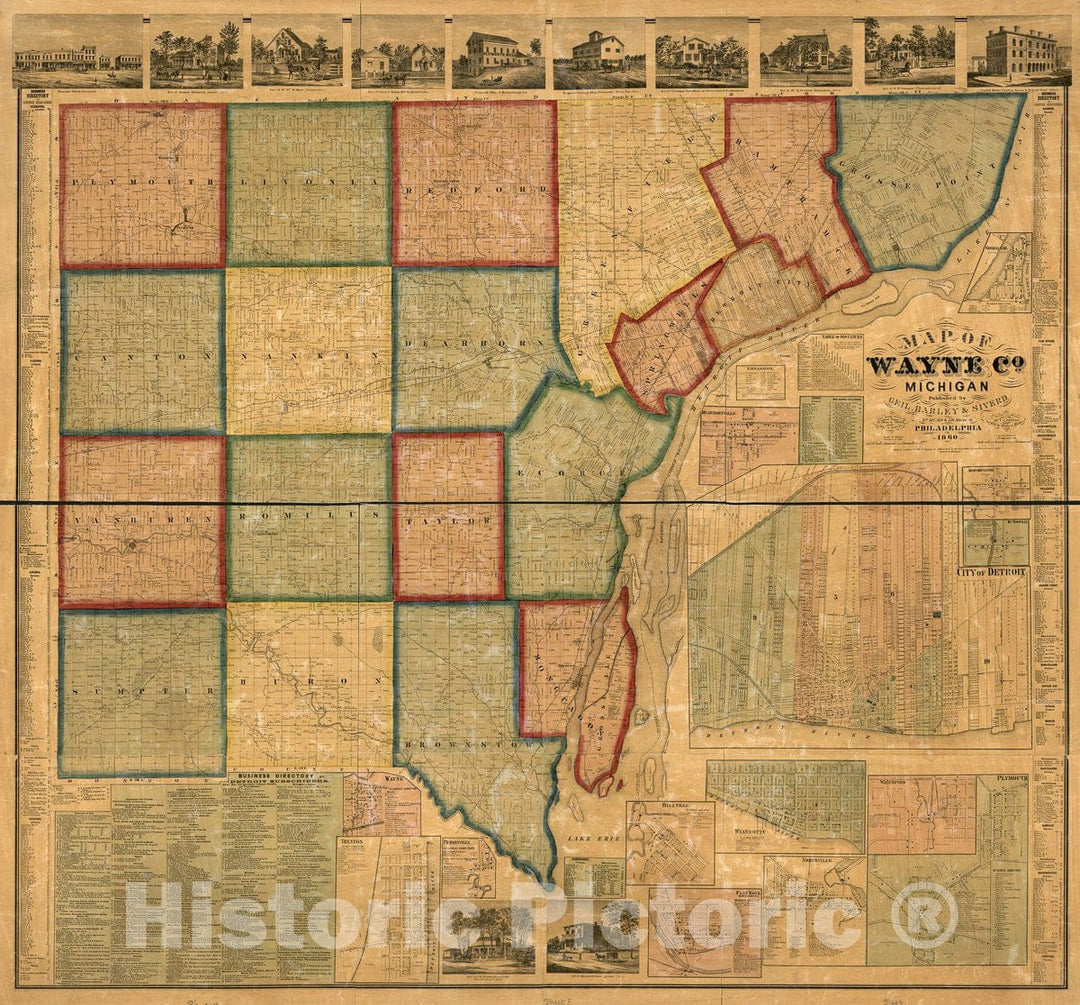 Historic 1860 Map - Map of Wayne Co, Michigan