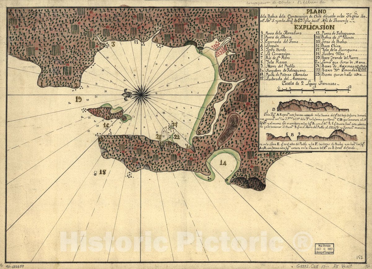 Historic 1700 Map - Plano de la BahÃ­a de la CompcessiÃ³n de Chile situado en Los 36 gros. 40 ms. latd. S. y en la longd. de 297 gros. 40 ms. mro. de Thenerife.