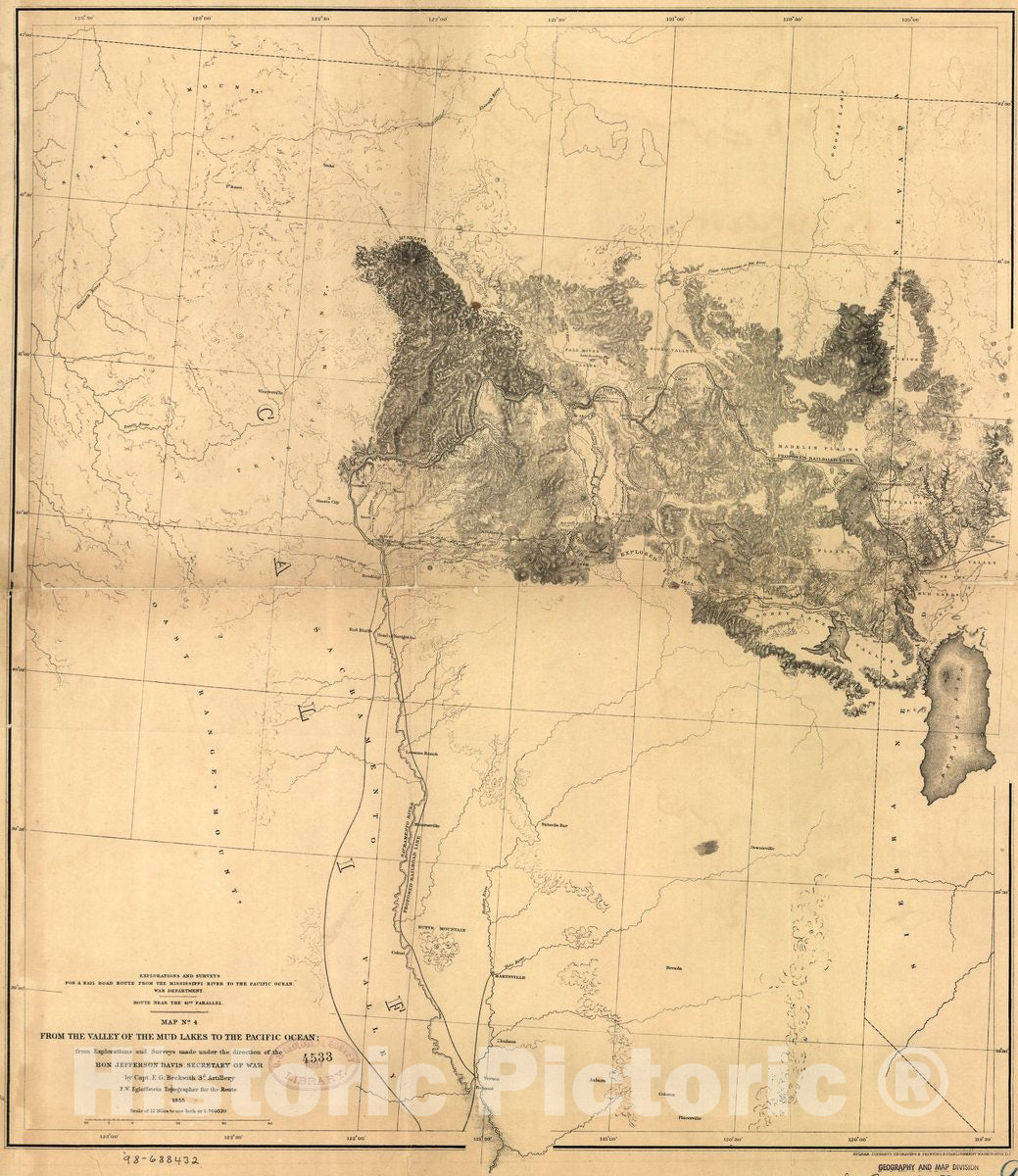 Historic 1855 Map - from The Valley of The Mud Lakes to The Pacific Ocean.