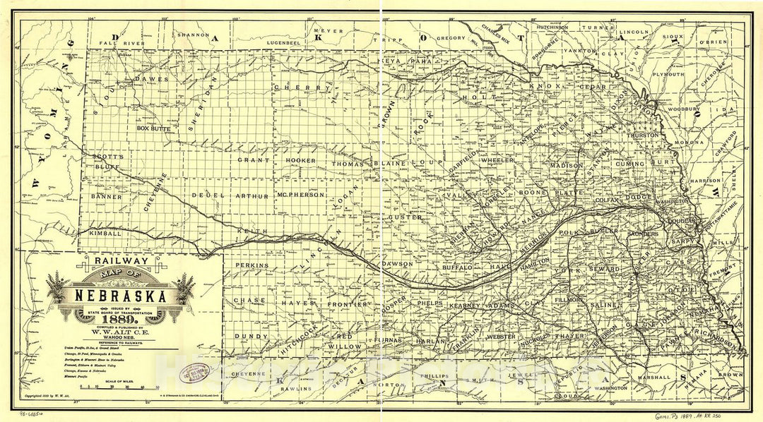 Historic 1889 Map - Railway map of Nebraska Issued by State Board of Transportation 1889.