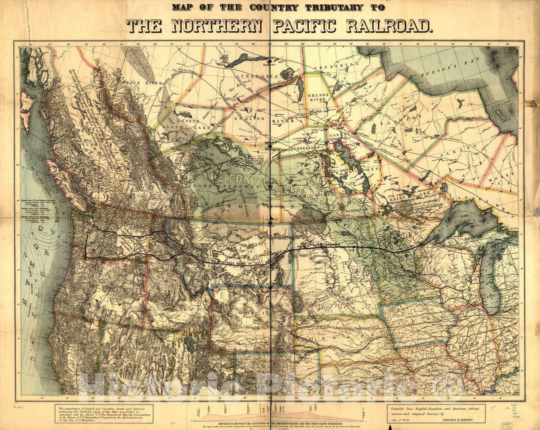 Historic 1871 Map - Map of The Country Tributary to The Northern Pacific Railroad, compiled from English, Canadian, and American Official Sources and Original surveys by Edward H. Knight