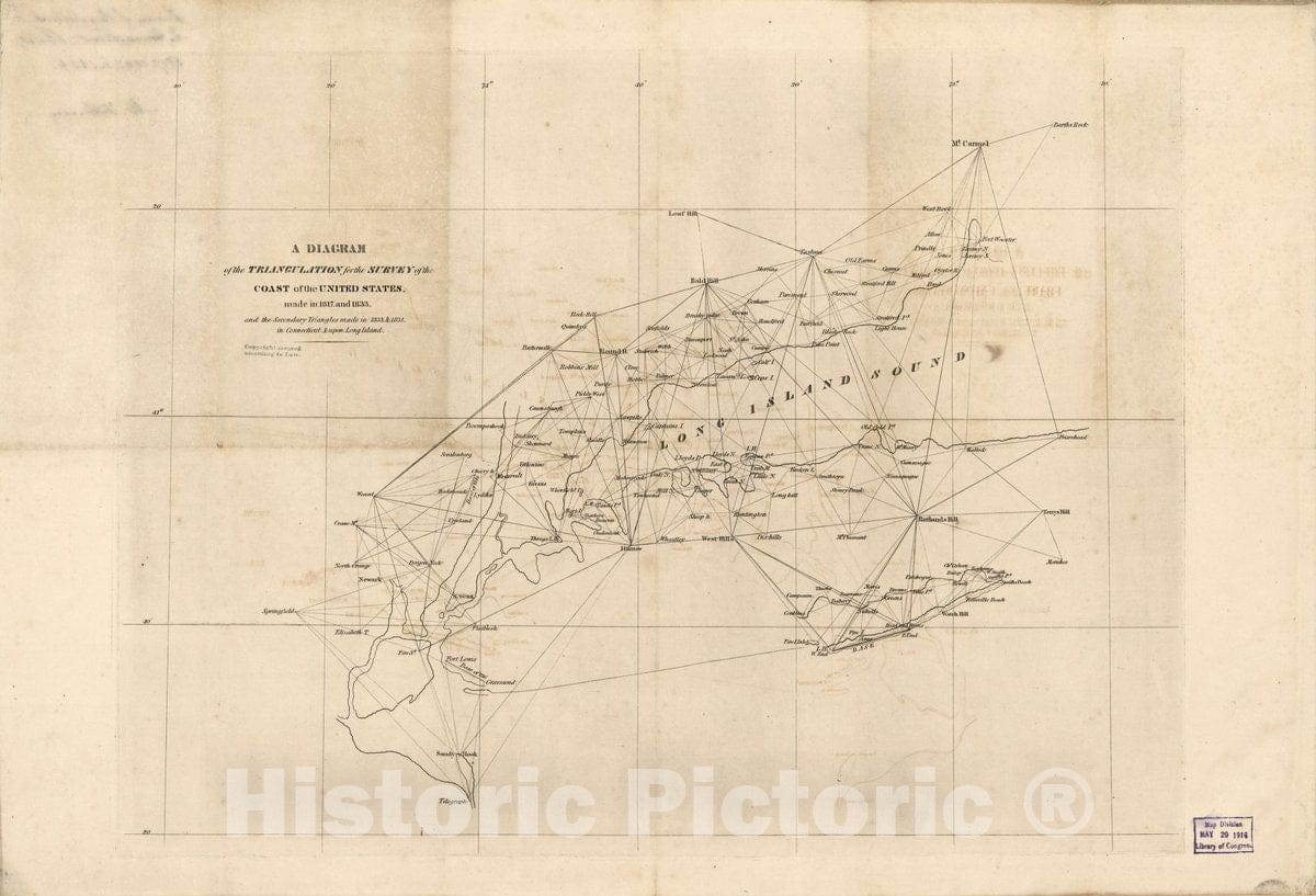 Historic 1834 Map - A Diagram of The Triangulation for The Survey of The Coast of The United States Made in 1817 and 1833 : and The Secondary Triangles Made in 1833 & 1834 in Connecticut