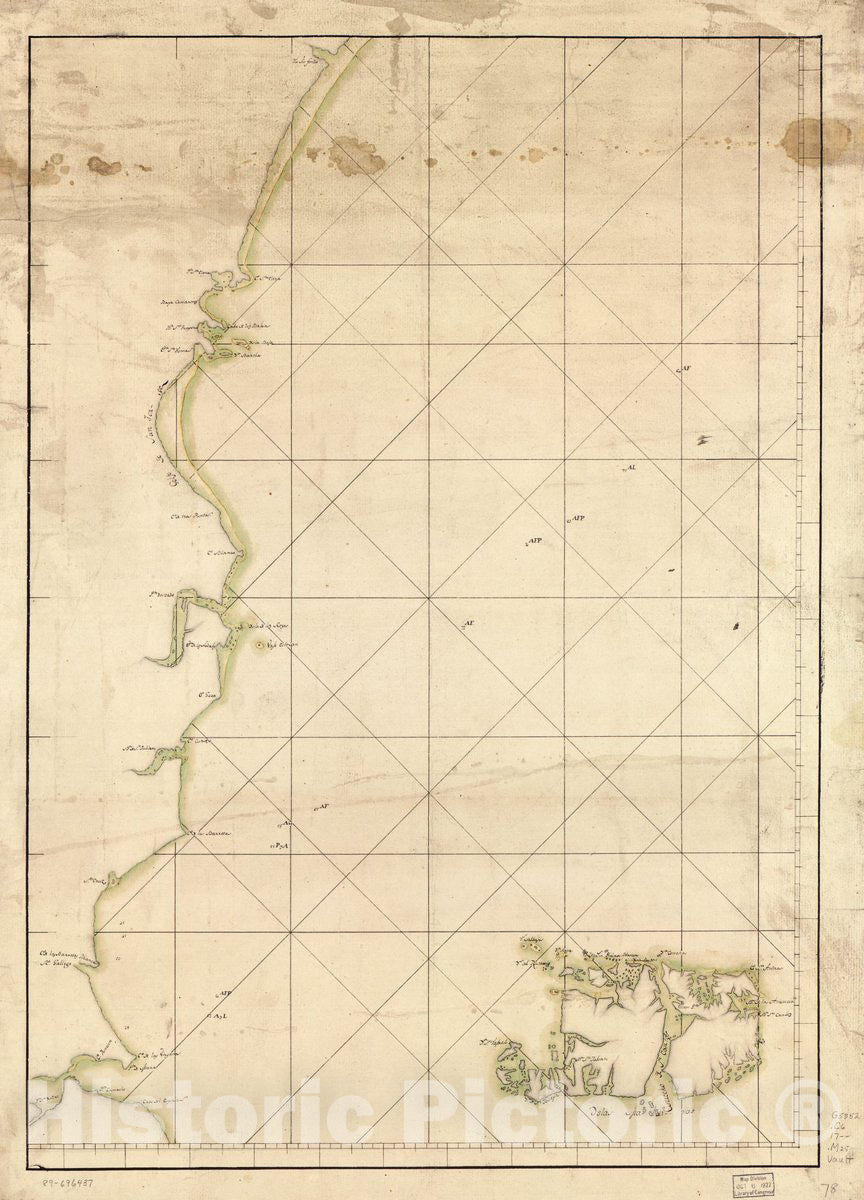 Historic 1700 Map - Map Showing Coast of Argentina from 42S to 53S (Chubut River to Strait of Magellan Including Falkland Islands)