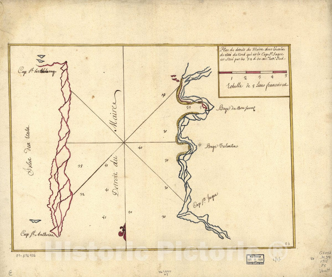 Historic 1715 Map - Plan du Detroit du Maire Dont l'entrÃ©e du cÃ´ttÃ© du nord qui est le Cap St. Iaque est situÃ© par les 54. d. 30. ms. latt. sud.