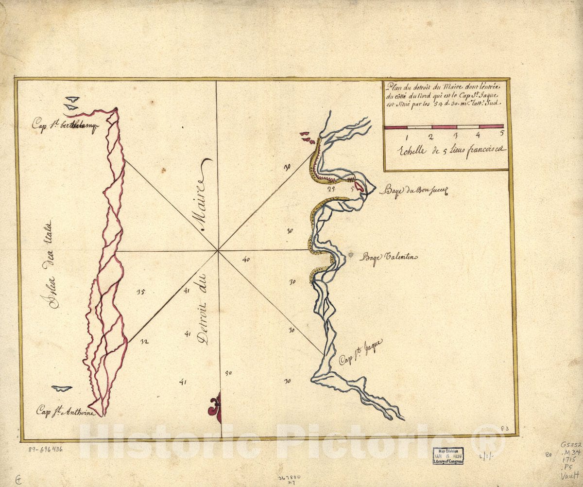 Historic 1715 Map - Plan du Detroit du Maire Dont l'entrÃ©e du cÃ´ttÃ© du nord qui est le Cap St. Iaque est situÃ© par les 54. d. 30. ms. latt. sud.