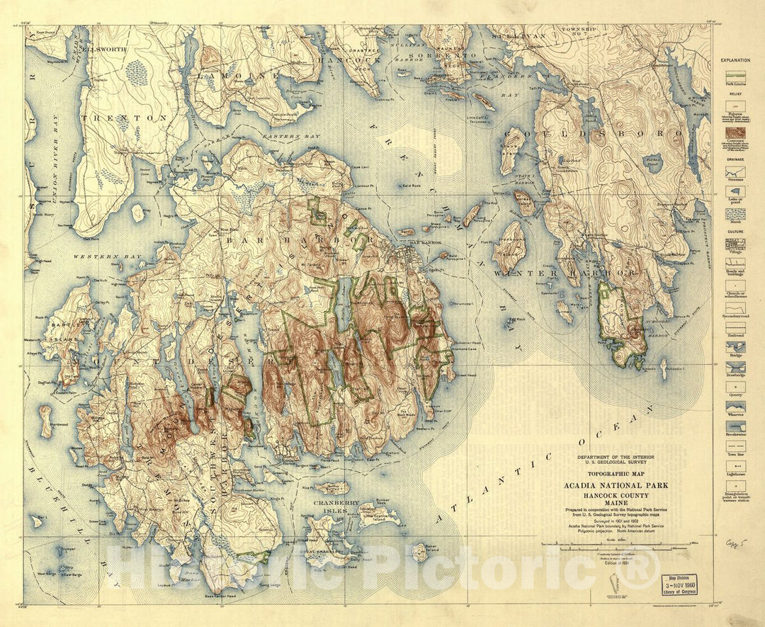 Historic 1931 Map - Topographic Map, Acadia National Park, Hancock County, Maine.