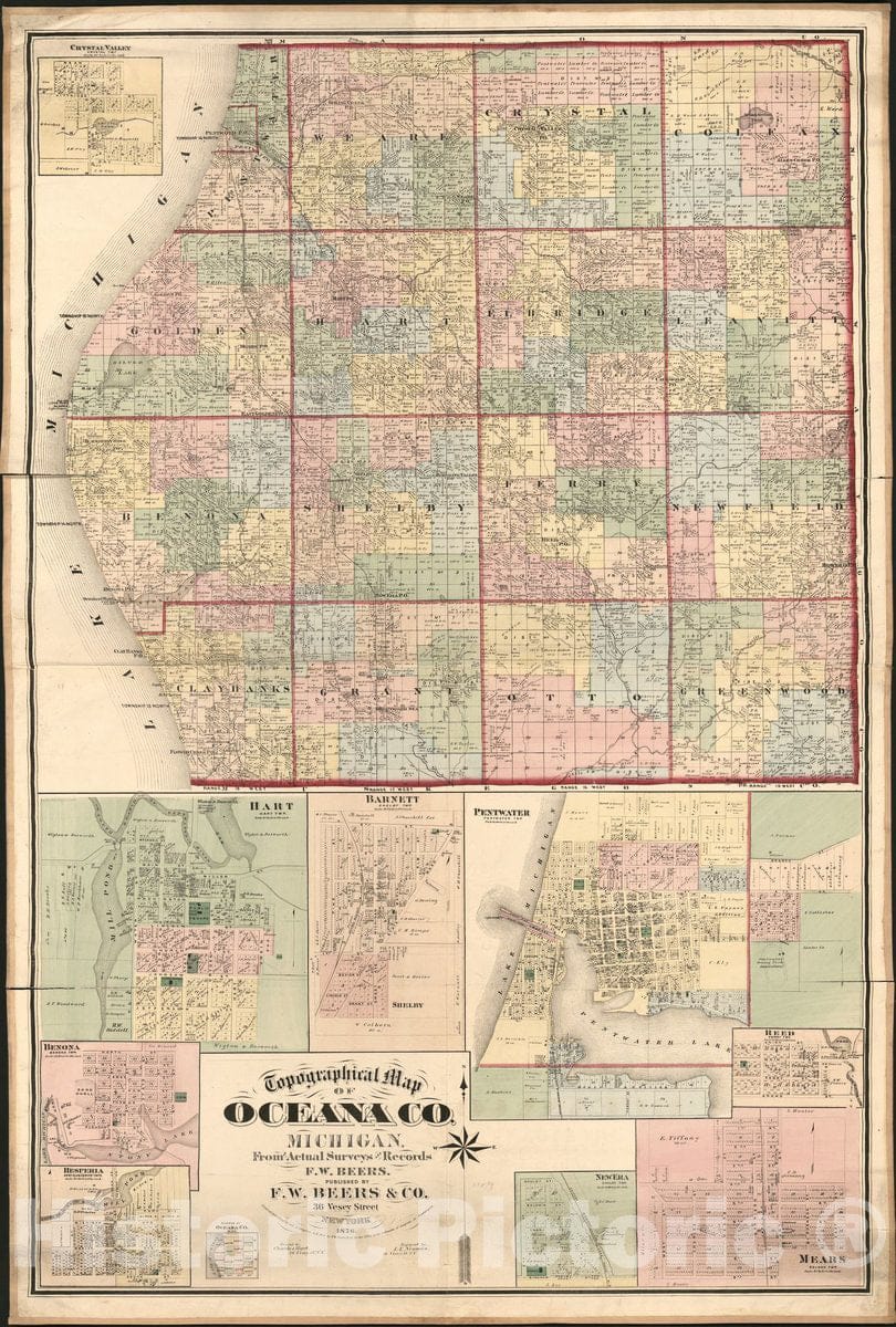 Historic 1876 Map - Topographical map of Oceana Co, Michigan