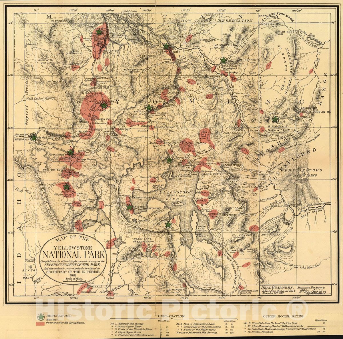 Historic 1881 Map - Map of The Yellowstone National Park.