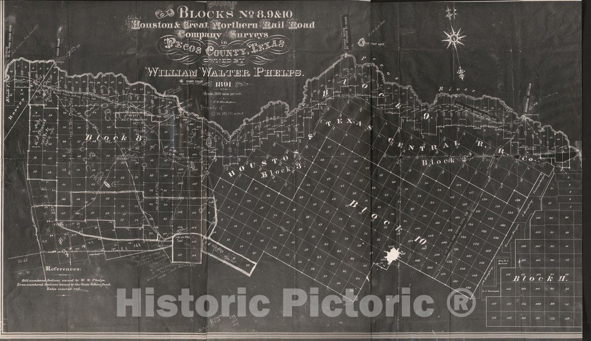 Historic 1891 Map - Map of Blocks no. 11 & 12, Houston and Great Northern Rail Road Company Survey in Pecos County, Texas