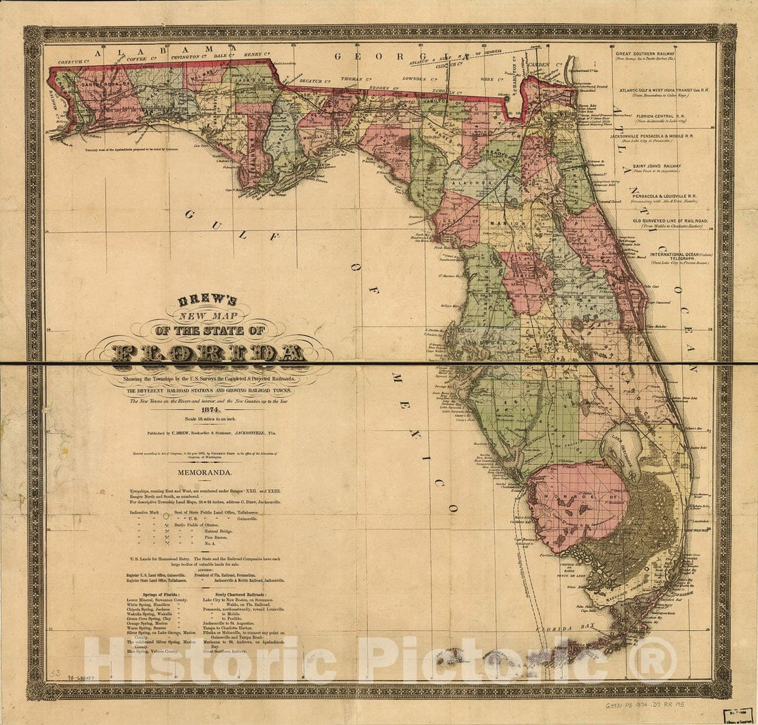 Historic 1874 Map - Drew's New map of The State of Florida, Showing The townships by The U.S. Surveys, The Completed & projected Railroads, The Different Railroad Stations