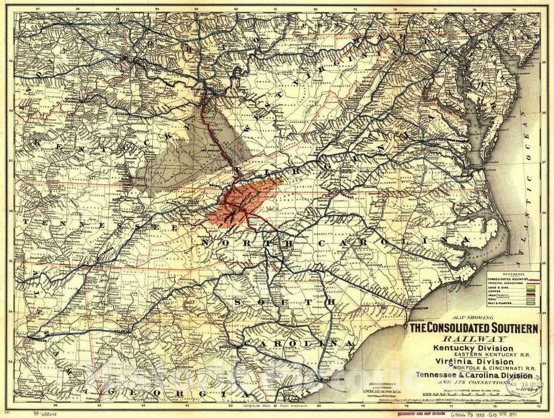 Historic 1883 Map - Map Showing The Consolidated Southern Railway, Kentucky Division-Eastern Kentucky R.R. Virginia Division-Norfolk & Cincinnati R.R. Tennessee & Carolina Division