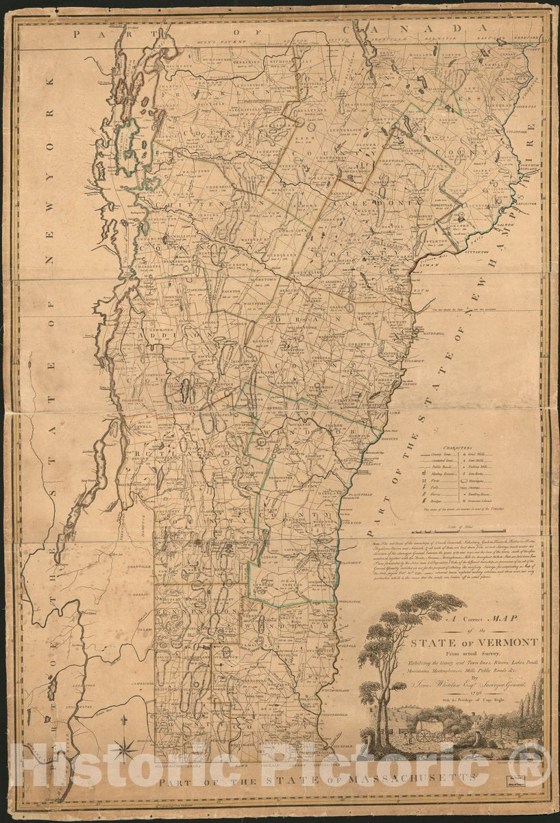 Historic 1796 Map - A Correct map of The State of Vermont : exhibiting The County and Town Lines, Rivers, Lakes, Ponds, Mountains, meetinghouses, Mills, Public Roads