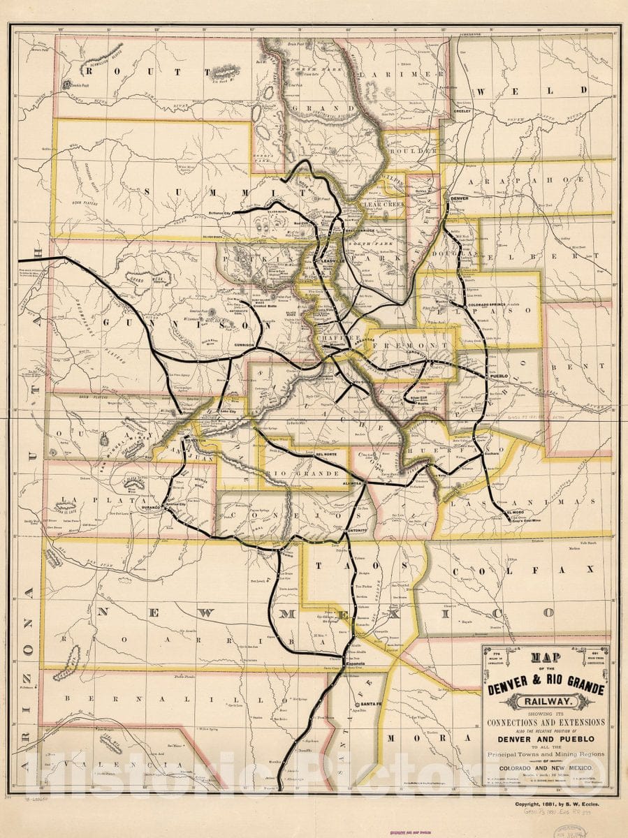 Historic 1881 Map - Map of The Denver & Rio Grande Railway, Showing its Connections and Extensions Also The Relative Position of Denver and Pueblo to All The Principal Towns and Mining