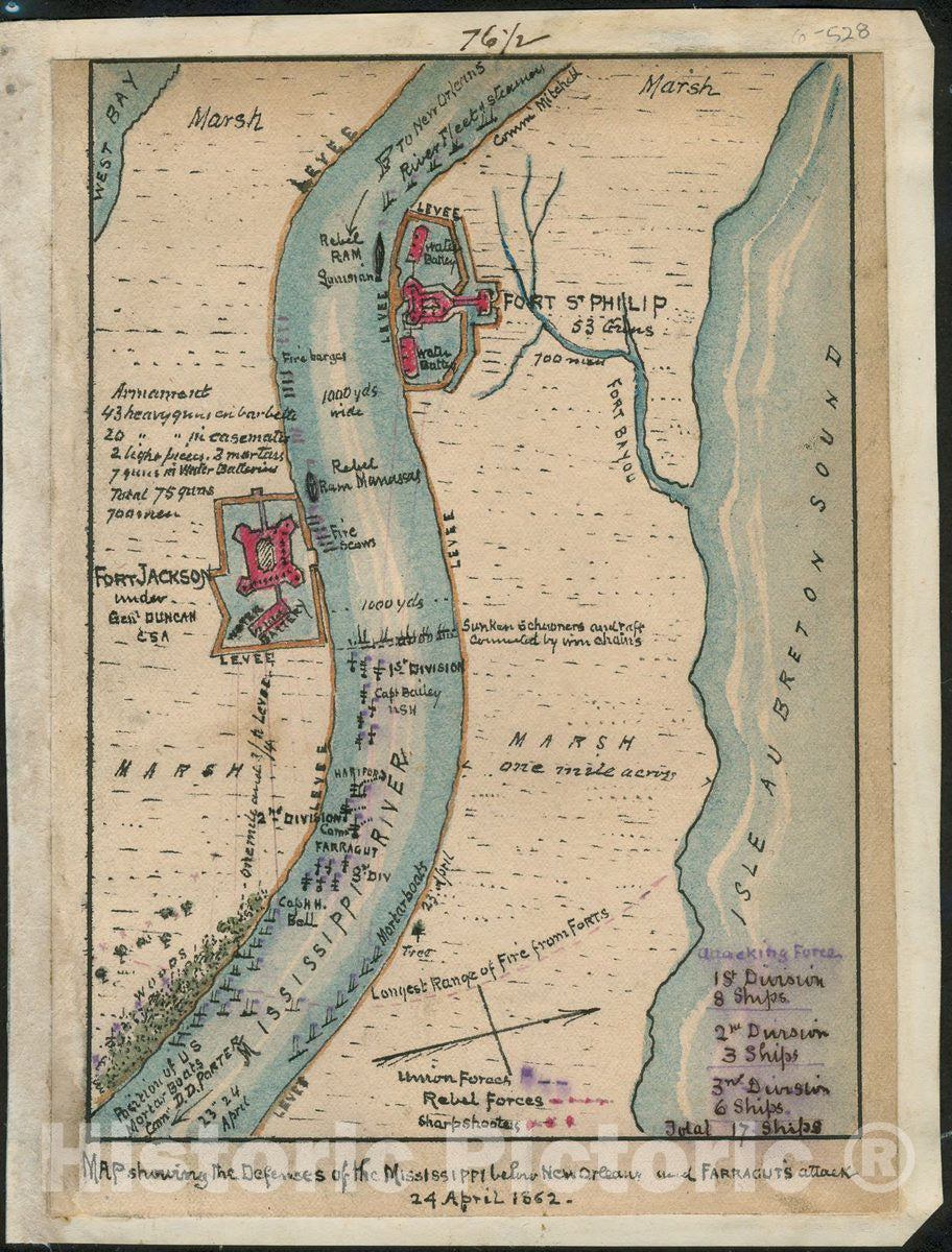 Historic 1862 Map - Map Showing The defenses of The Mississippi Below New Orleans and Farragut's Attack 24 April 1862.