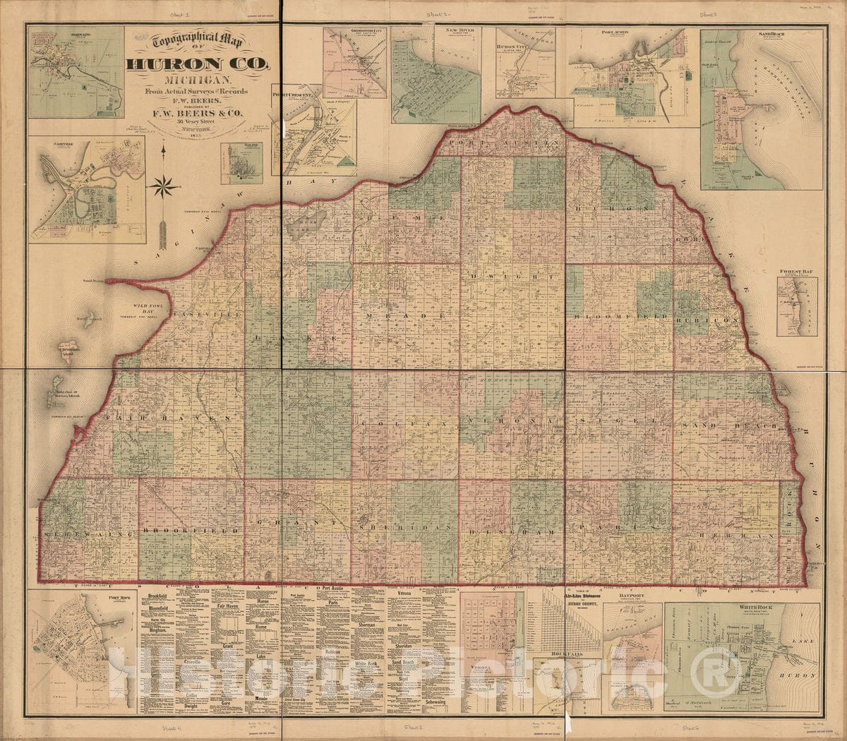 Historic 1875 Map - Topographic map of Huron Co, Michigan