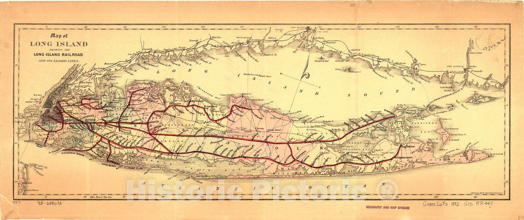 Historic 1882 Map - Map of Long Island Showing The Long Island Railroad and its leased Lines.