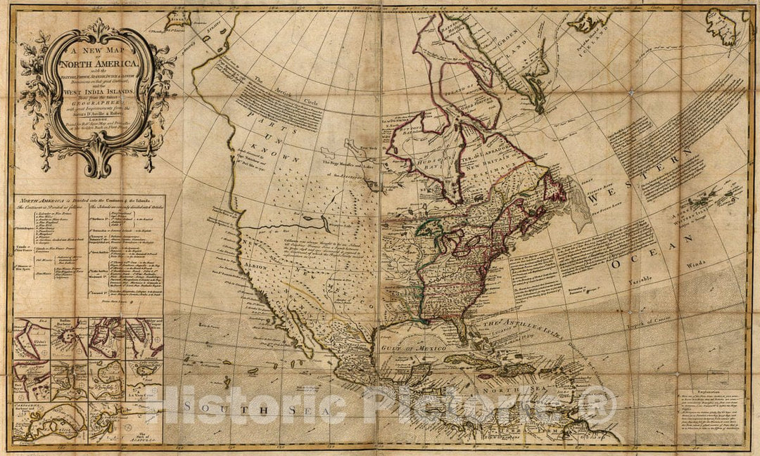 Historic 1750 Map - A New map of North America, with The British, French, Spanish, Dutch & Danish dominions on That Great Continent; and The West India Islands,