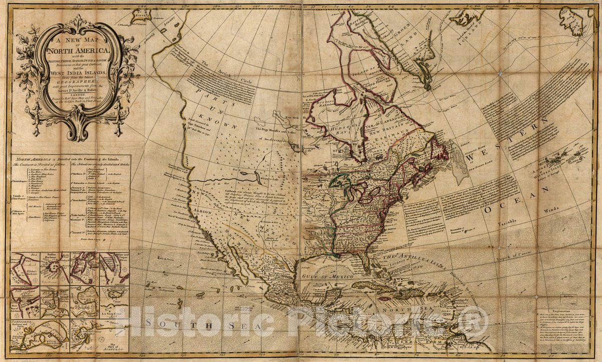 Historic 1750 Map - A New map of North America, with The British, French, Spanish, Dutch & Danish dominions on That Great Continent; and The West India Islands,