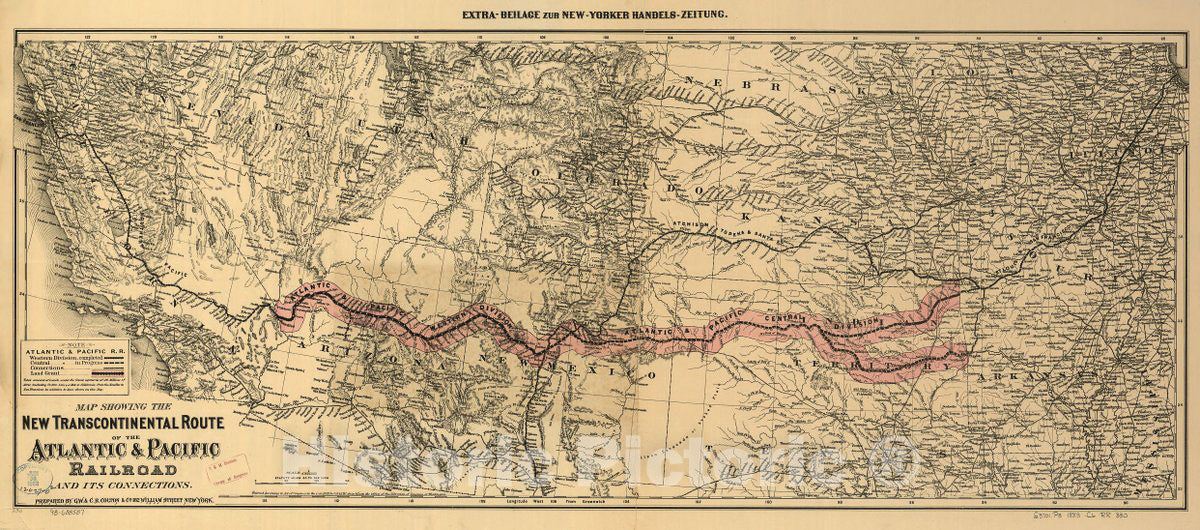 Historic 1883 Map - Map Showing The New transcontinental Route of The Atlantic & Pacific Railroad and its Connections.