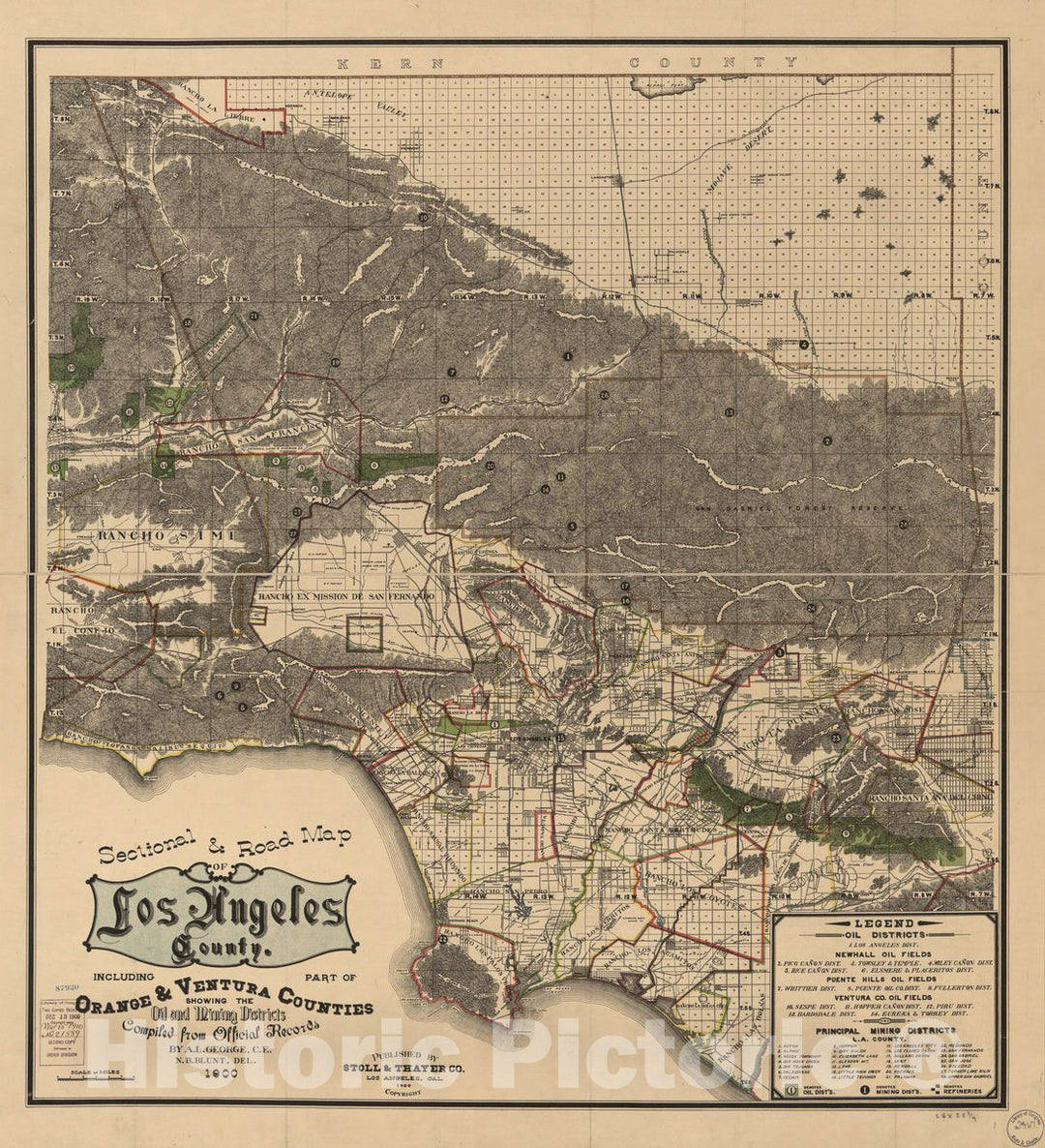 Historic 1900 Map - Sectional & Road map of Los Angeles County : Including Part of Orange and Ventura Counties, Showing The Oil and Mining districts