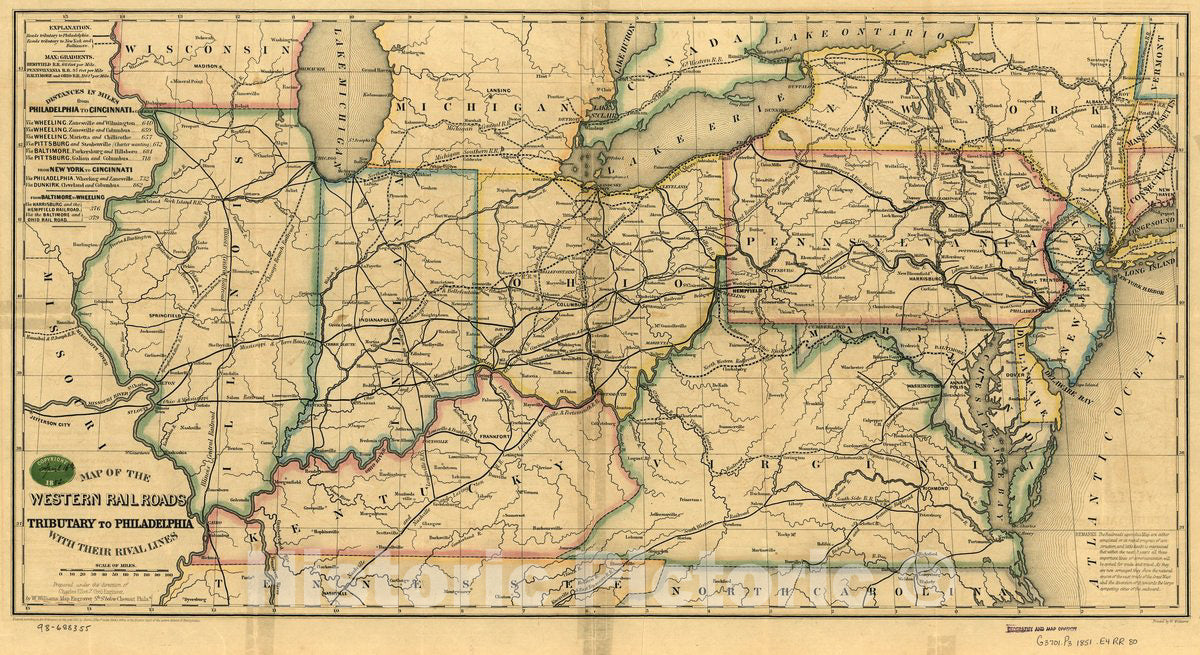 Historic 1851 Map - Map of The Western Railroads Tributary to Philadelphia, with Their Rival Lines; Prepared Under The Direction of Charles Ellet Jr, Civil Engineer.