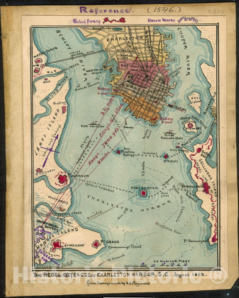 Historic 1863 Map - The Rebel defences of Charleston Harbor S.C, August 1863