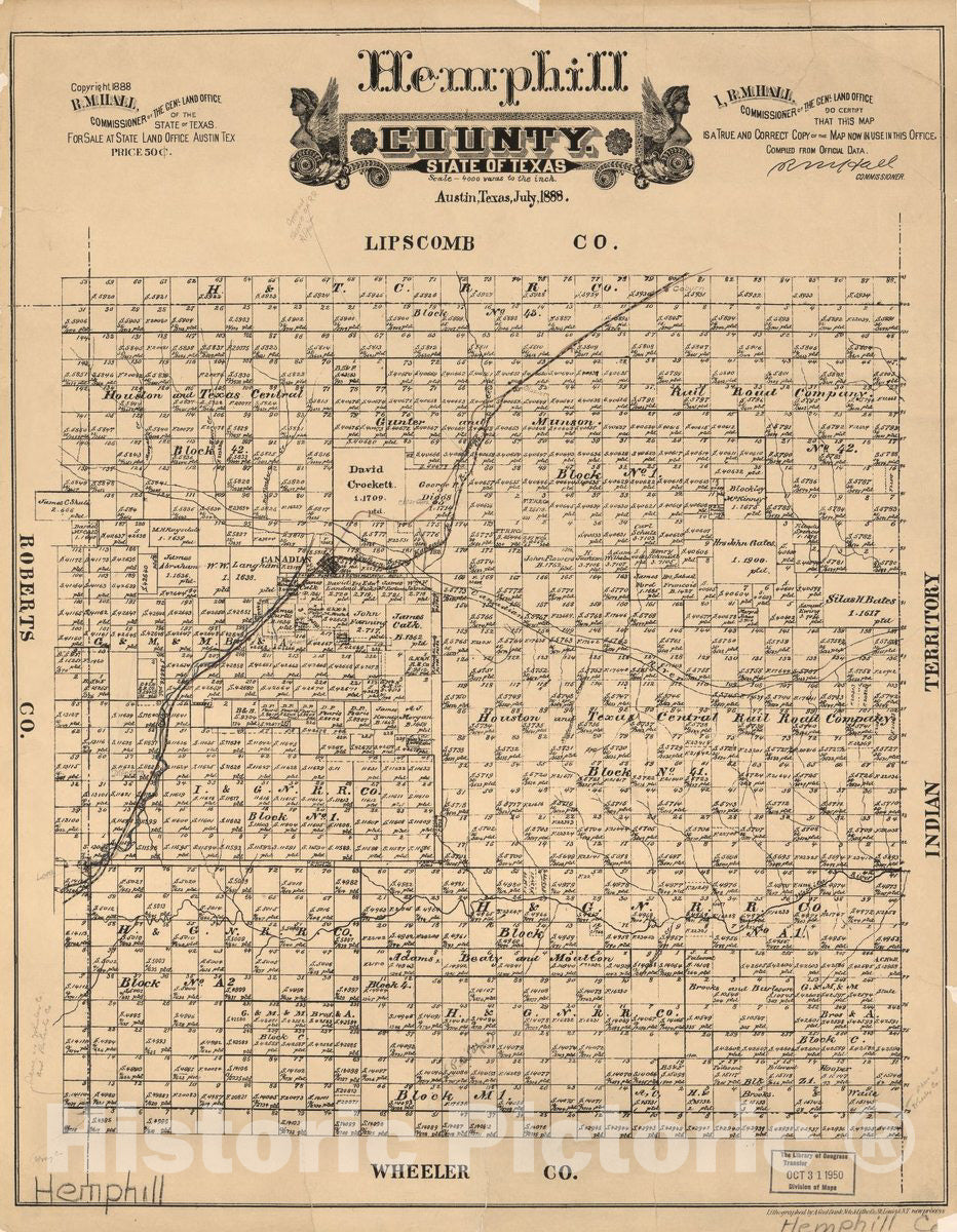 Historic 1888 Map - Hemphill County, State of Texas.