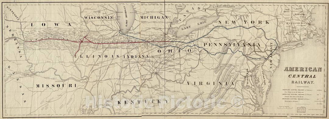 Historic 1866 Map - American Central Railway, 1866.