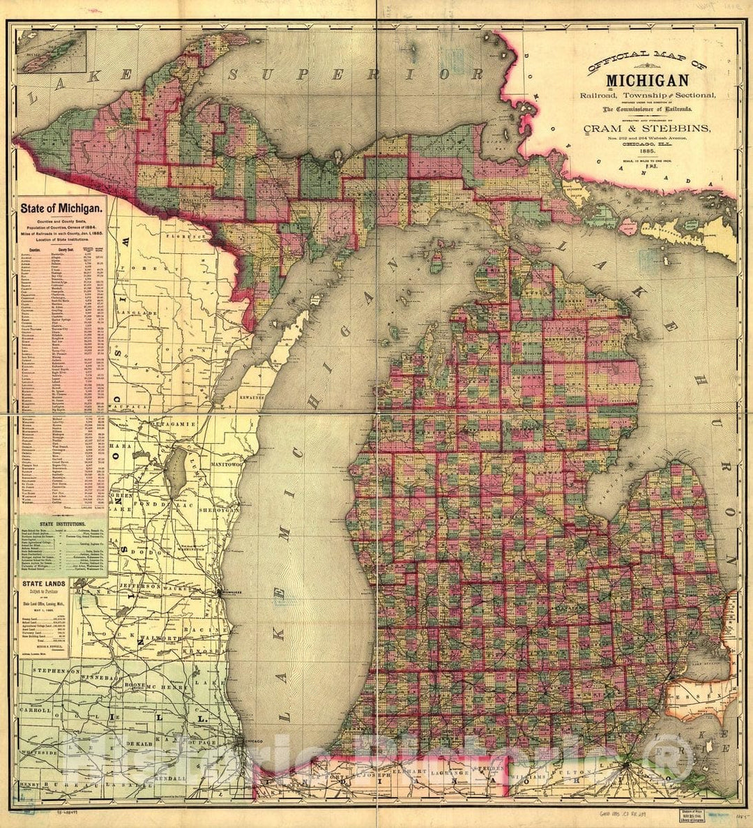 Historic 1885 Map - Official map of Michigan, Railroad, Township and sectional, Prepared Under The Direction of The Commissioner of Railroads.