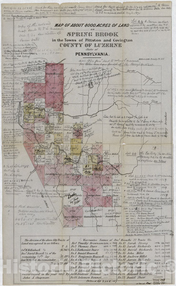 Historic 1871 Map - Map of About 8000 Acres of Land on Spring Brook in The Towns of Pittston and Covington, County of Luzerne, State of Pennsylvania.