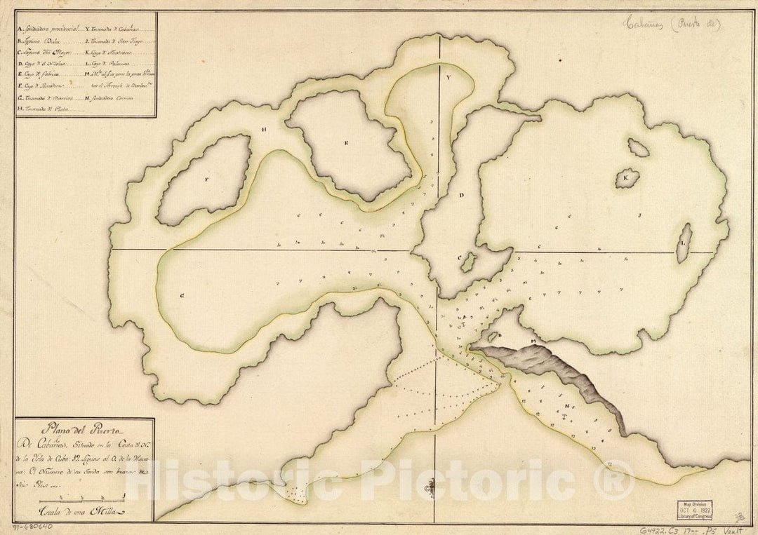 Historic 1700 Map - Plano del Puerto de CabaÃ±as, situado en la Costa dl. N. de la ysla de Cuba, 12 leguas al O. de la Havana.