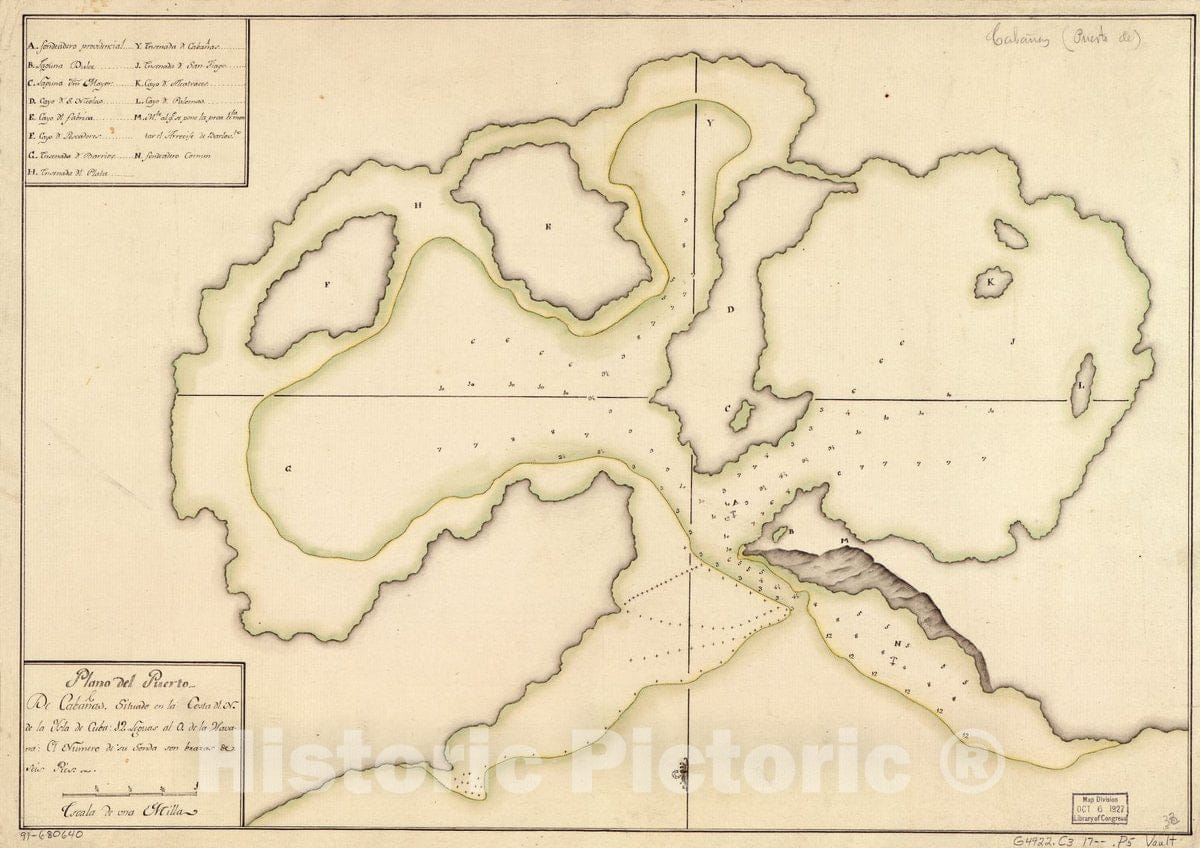 Historic 1700 Map - Plano del Puerto de CabaÃ±as, situado en la Costa dl. N. de la ysla de Cuba, 12 leguas al O. de la Havana.