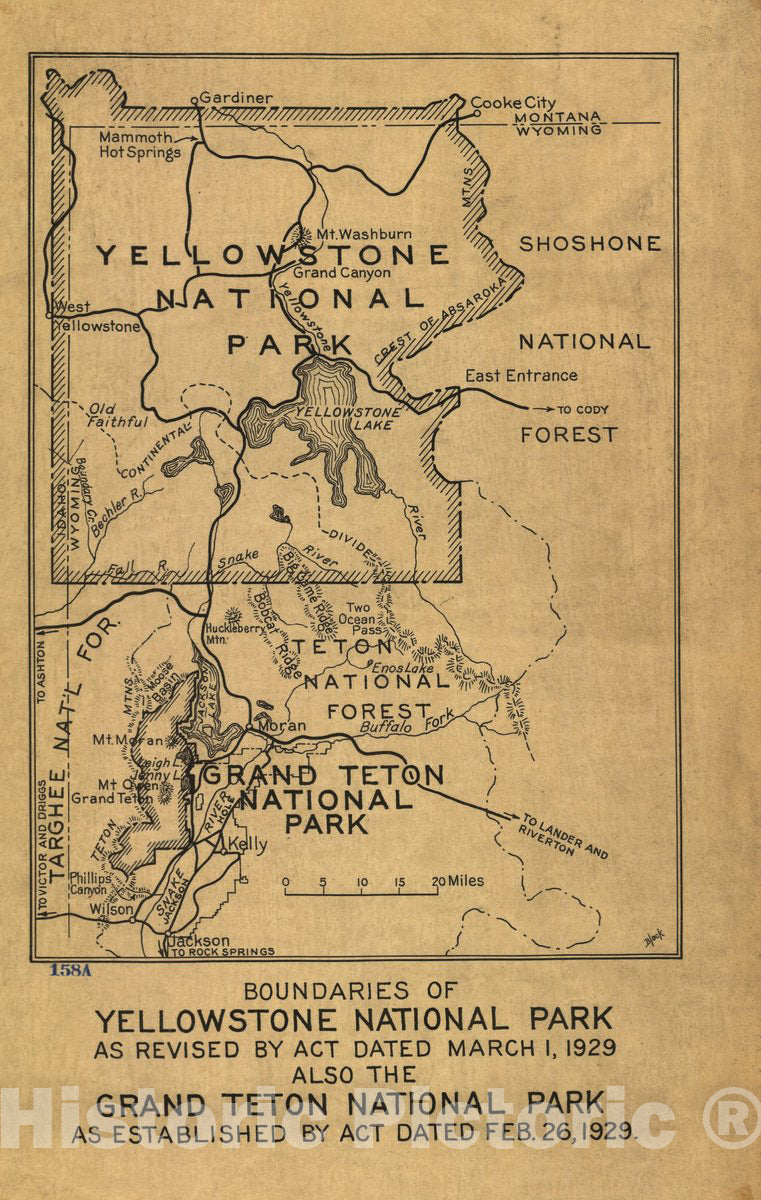 Historic 1929 Map - Boundaries of Yellowstone National Park as Revised by act Dated March 1, 1929, Also The Grand Teton National Park as Established by act Dated Feb. 26, 1929.