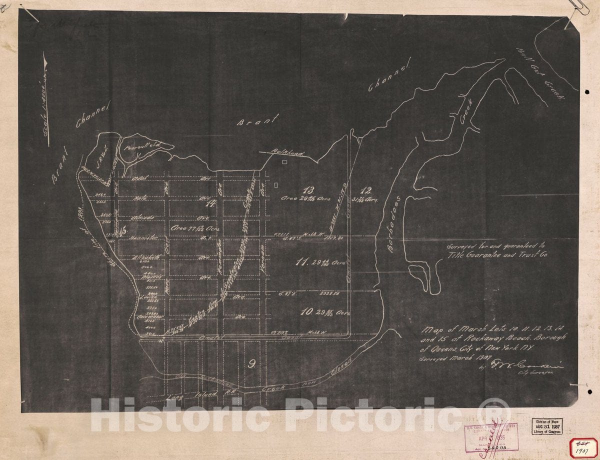 Historic 1907 Map - Map of Marsh Lots 10, 11, 12, 13, 14, and 15 at Rockaway Beach, Borough of Queens, City of New York, N.Y.