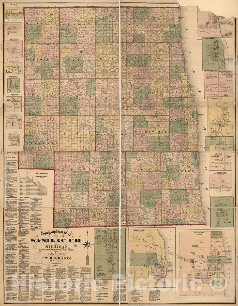 Historic 1876 Map - Topographical map of Sanilac Co, Michigan : from Actual surveys and Records