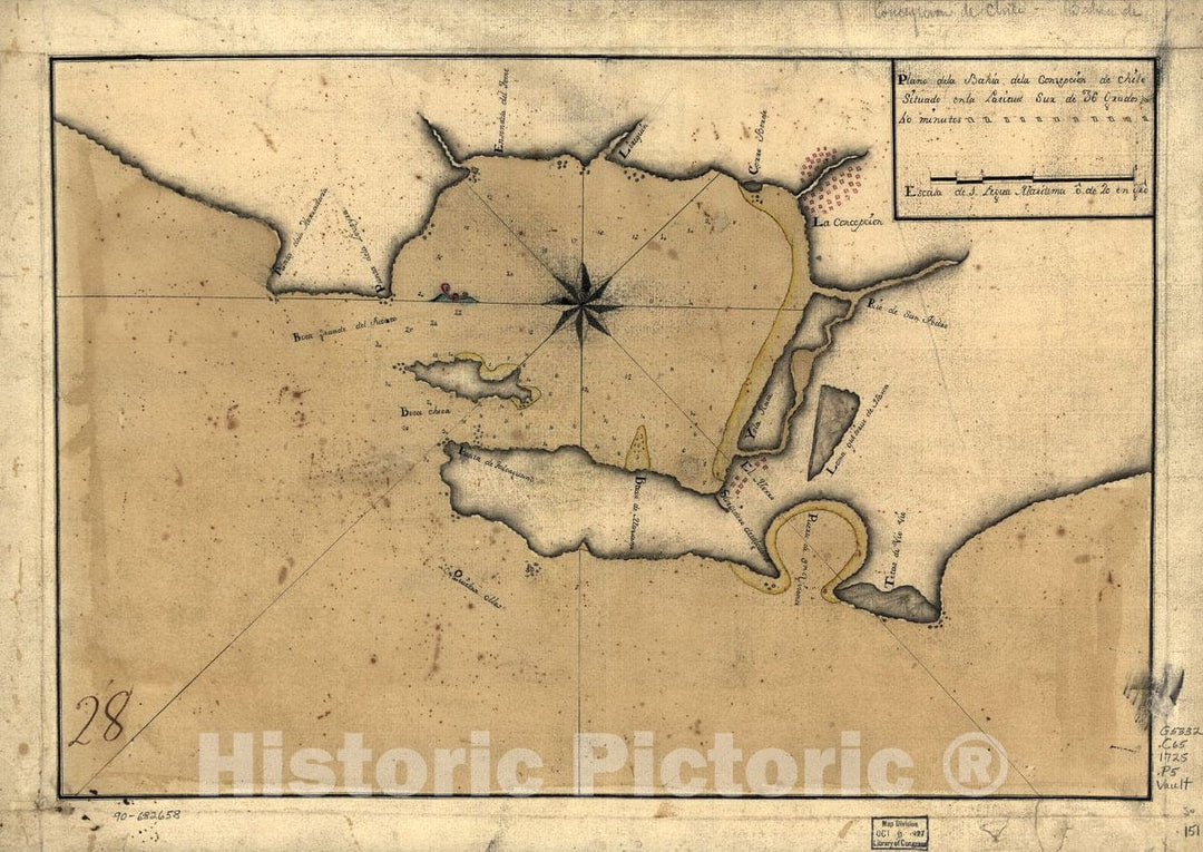 Historic 1725 Map - Plano de la BahÃ­a de la ConcepciÃ³n de Chile situado en la latitud sur DE 36 grados 40 minutos.