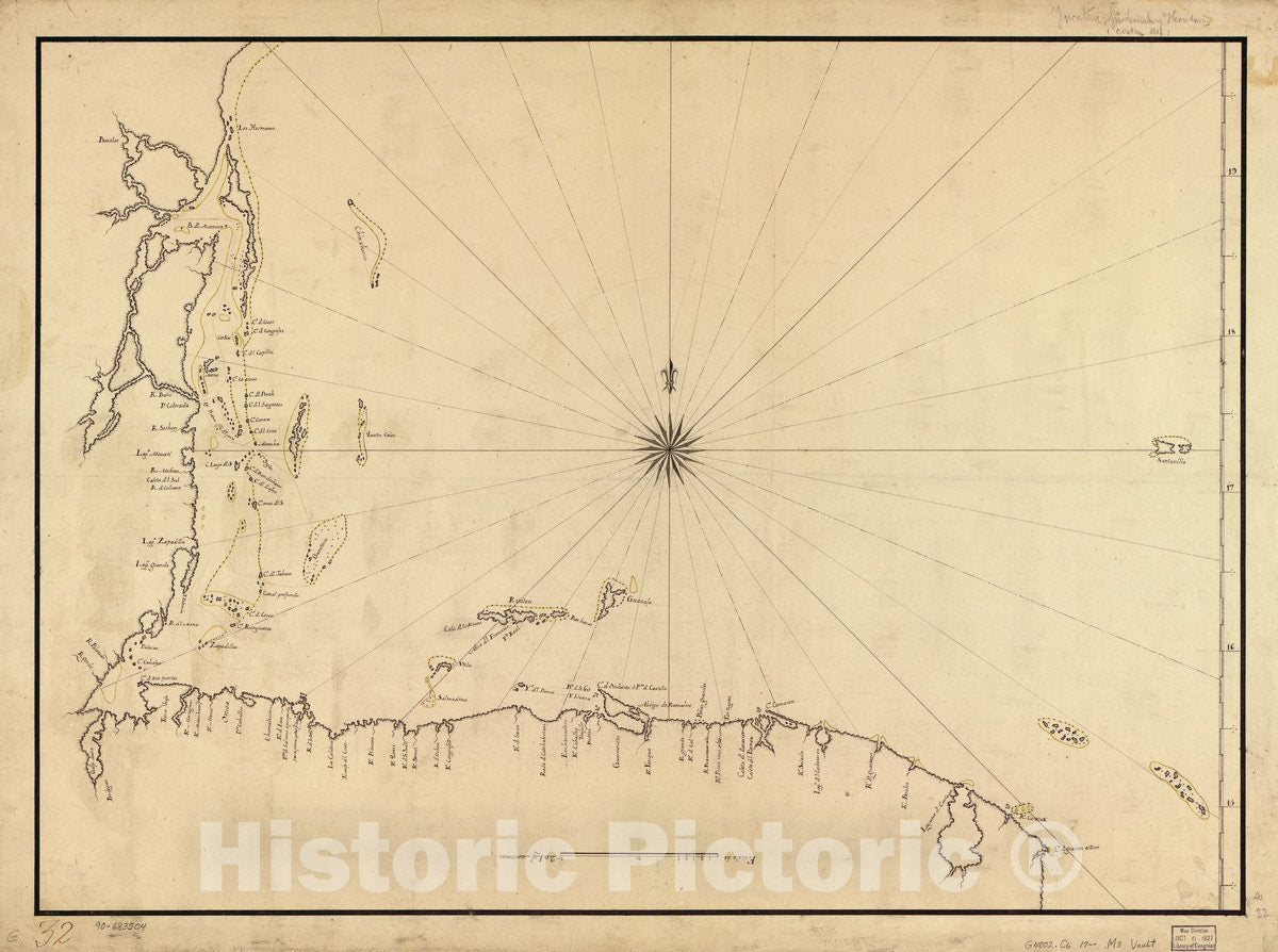 Historic 1700 Map - Map Showing Caribbean Coast of Central America from Belize to Nicaragua