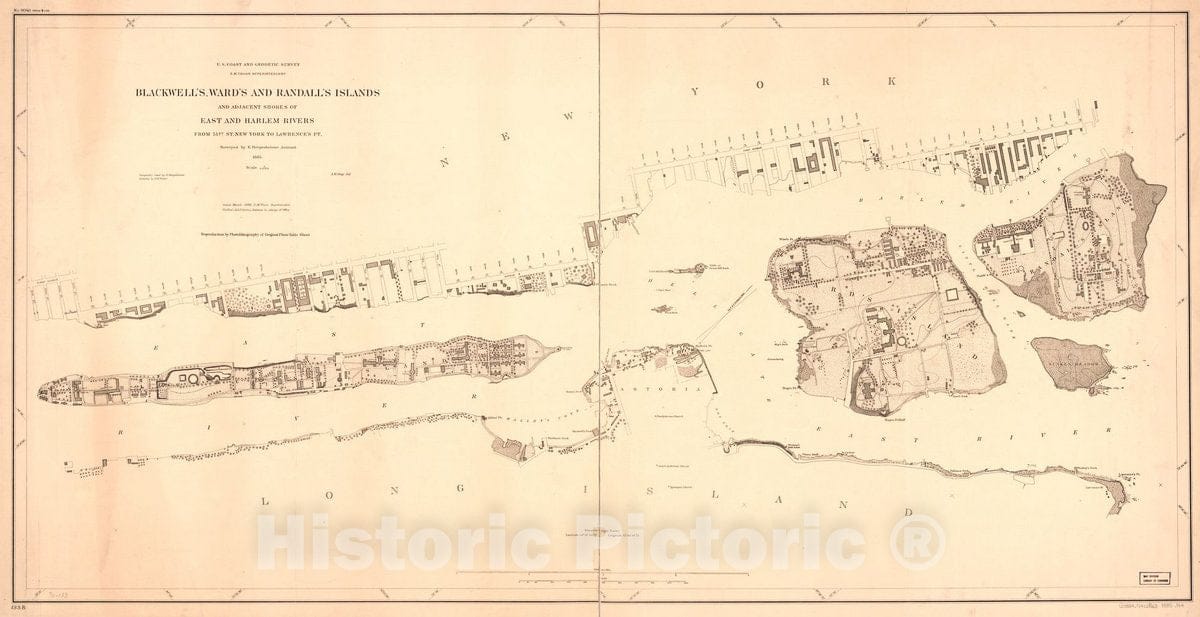 Historic 1885 Map - Blackwell's, Ward's and Randall's Islands and Adjacent Shores of East and Harlem Rivers from 51st St. New York to Lawrence's Pt.