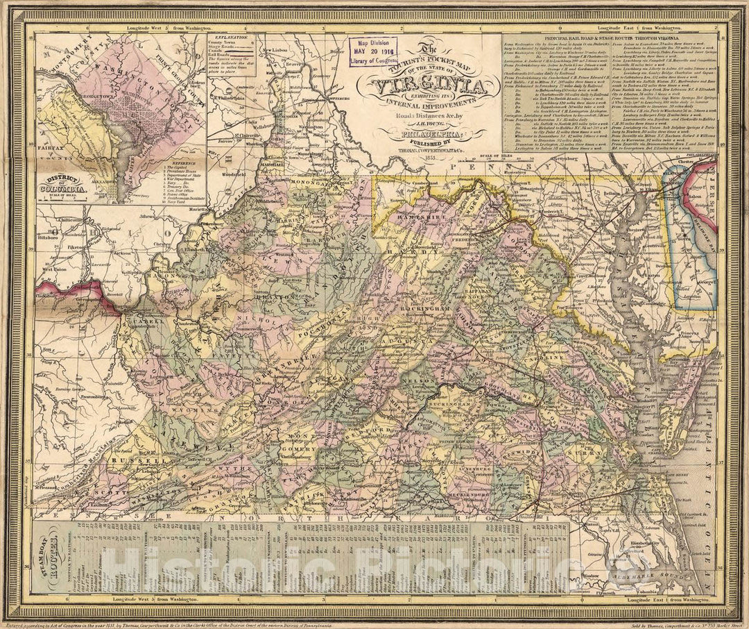 Historic 1853 Map - The tourist's Pocket map of The State of Virginia : exhibiting its Internal improvements, Roads, Distances